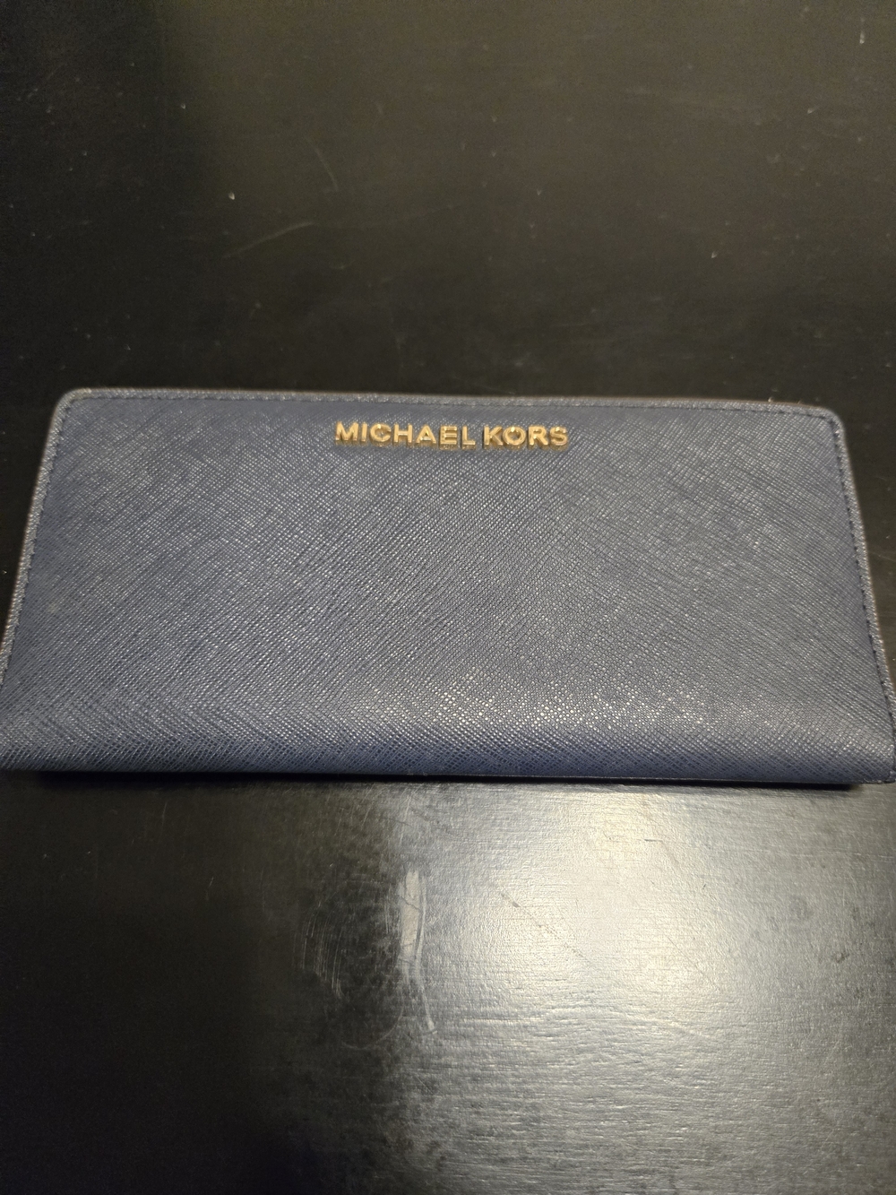 Michael Kors Navy Saffiano Leather Zip Card Holder with Gold Logo